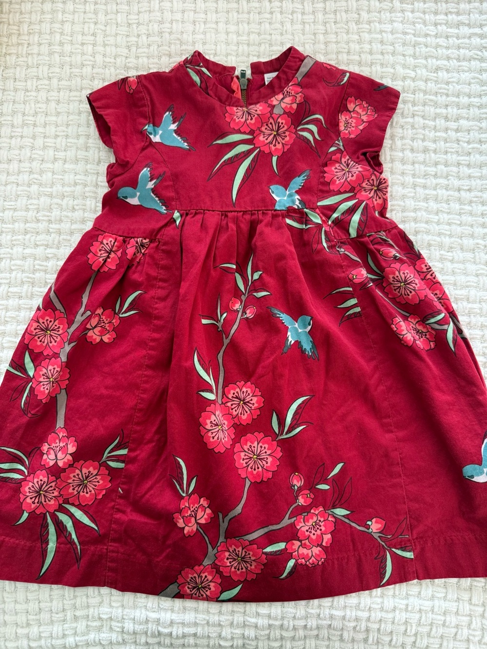 Tea Collection Red Floral & Blue Bird Print Dress